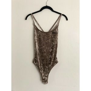 Women's Taupe Velvet Bodysuit, Size Small "whatever" embroidered detail.